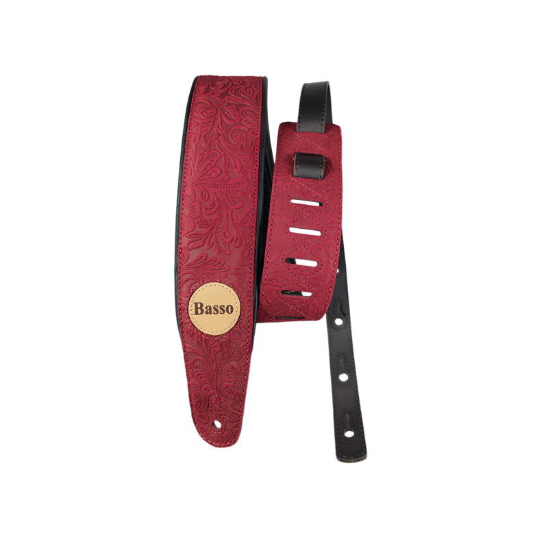 CORREA BASSO PARA GUITARRA Y BAJO SERIE CUERO ROJO FLOREADO | MÚSICA BILBAO