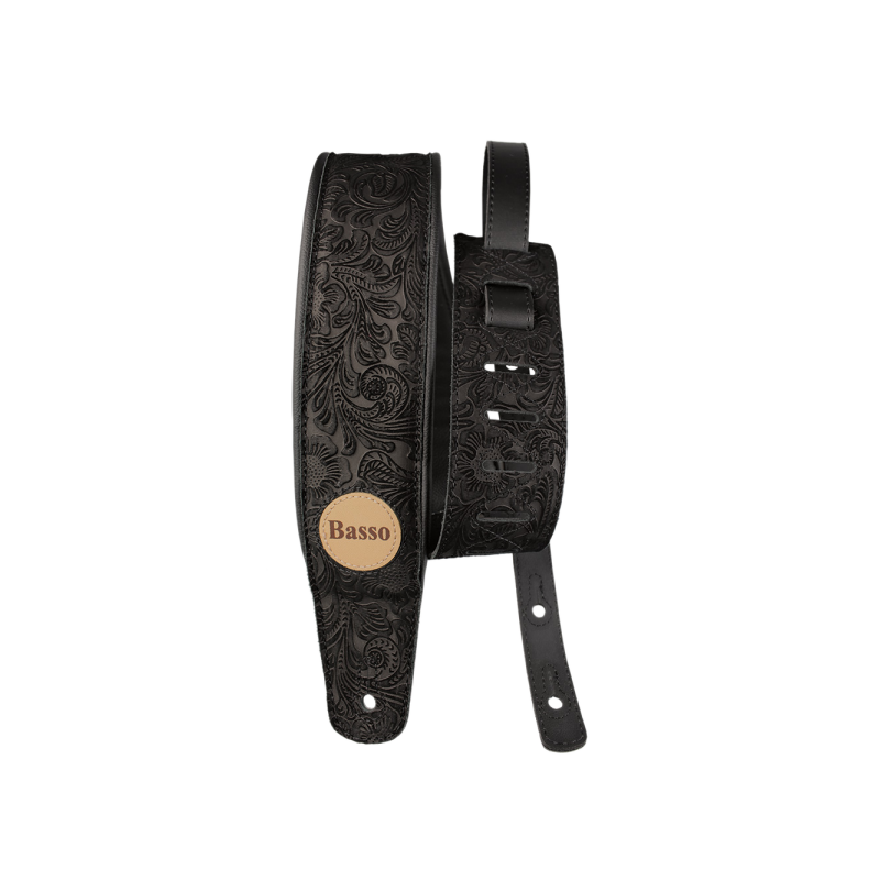 CORREA BASSO PARA GUITARRA Y BAJO SERIE CUERO NEGRA FLOREADA | MÚSICA BILBAO